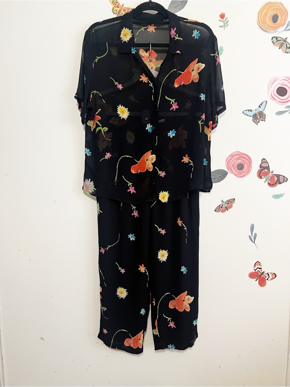 Vintage Black Floral Pants Set M